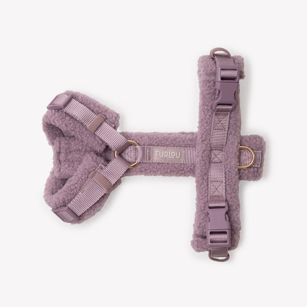 Lilac sherpa dog harness laid flat