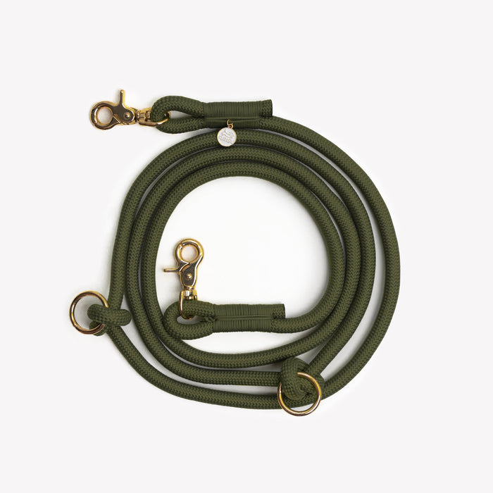 Moss Green hands-free braided leash, coiled