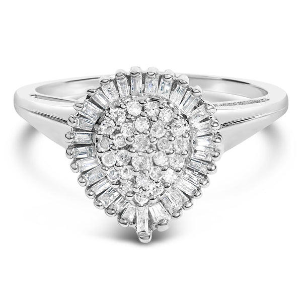 1/2 Ct. T.W. Round and Baguette-Cut Diamond Pear-Shaped Domed Pavé Cluster with Halo Cocktail Ring in 10K White Gold, photo 1