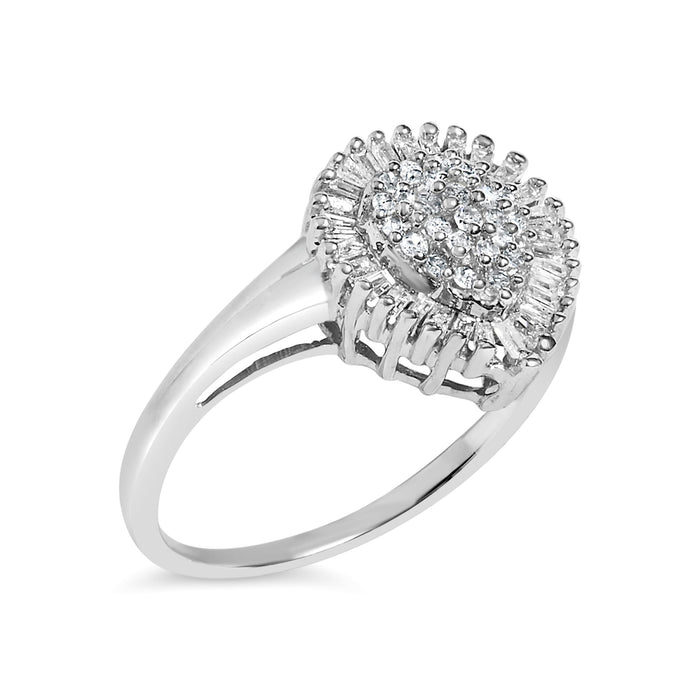 Anillo de cóctel de racimo pavé abovedado en forma de pera con halo y diamantes de 1/2 ct. p.t. en oro blanco de 10K, foto 4