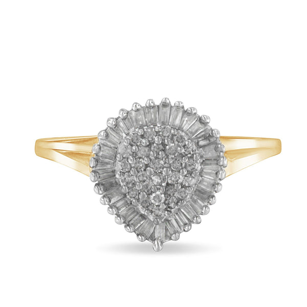1/2 Ct. T.W. Round and Baguette-Cut Diamond Pear-Shaped Domed Pavé Cluster with Halo Cocktail Ring in 10K Yellow Gold, photo 1