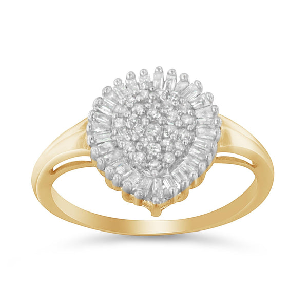 1/2 Ct. T.W. Round and Baguette-Cut Diamond Pear-Shaped Domed Pavé Cluster with Halo Cocktail Ring in 10K Yellow Gold, photo 2