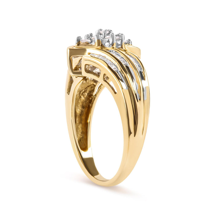 1/2 Ct. T.W. Round and Baguette-Cut Diamond Cluster Head and Channel-Set Shank Ring in 10K Yellow Gold, photo 4