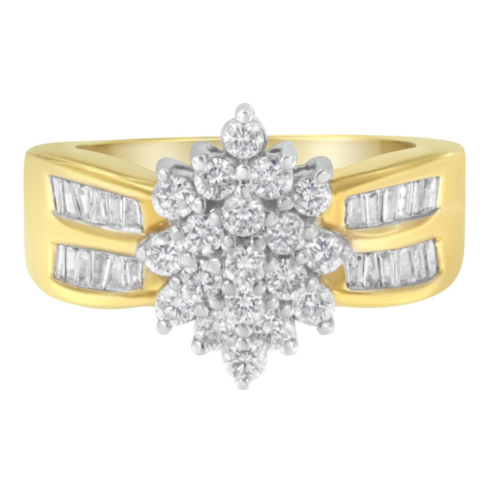 1 Ct. T.W. Round and Baguette-Cut Diamond Floral Cluster Double-Channel Flared Band Statement Ring in 10K Yellow Gold, photo 1