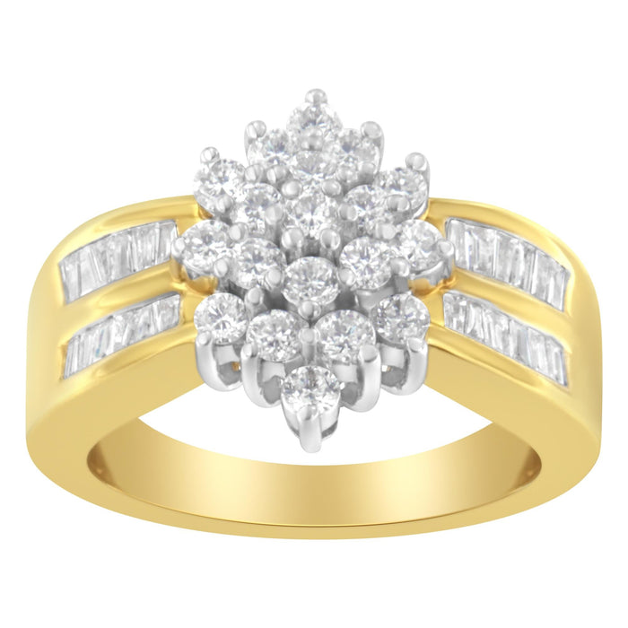 1 Ct. T.W. Round and Baguette-Cut Diamond Floral Cluster Double-Channel Flared Band Statement Ring in 10K Yellow Gold, photo 4