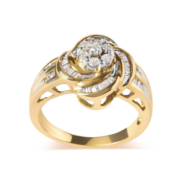 1/2 Ct. T.W. Round and Baguette Diamond Flower Swirl Cocktail Ring in 10K Yellow Gold, photo 2