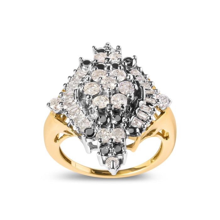 Anillo de racimo y halo en rombo con diamantes redondos y talla baguette de 1 ct. p.t. en oro amarillo de 10K, foto 2