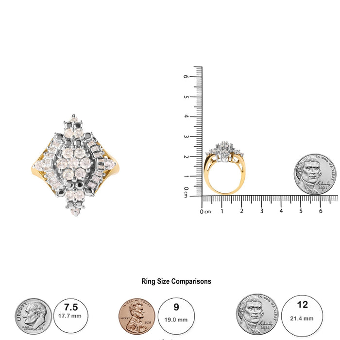 Anillo de racimo y halo en rombo con diamantes redondos y talla baguette de 1 ct. p.t. en oro amarillo de 10K, foto 6