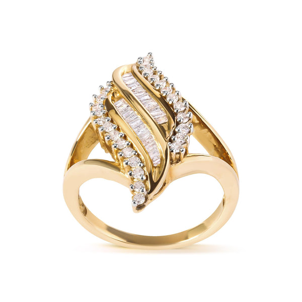 1/2 Ct. T.W. Round and Baguette-Cut Diamond Cocktail Ring in 10K Yellow Gold, photo 1