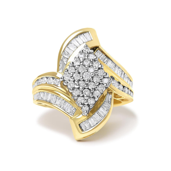 1 1/3 Ct. T.W. Round and Baguette Diamond Bypass Cocktail Ring in 14K Yellow Gold, photo 1