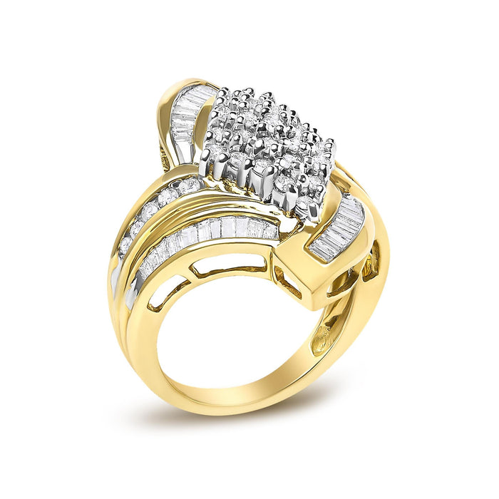 1 1/3 Ct. T.W. Round and Baguette Diamond Bypass Cocktail Ring in 14K Yellow Gold, photo 4