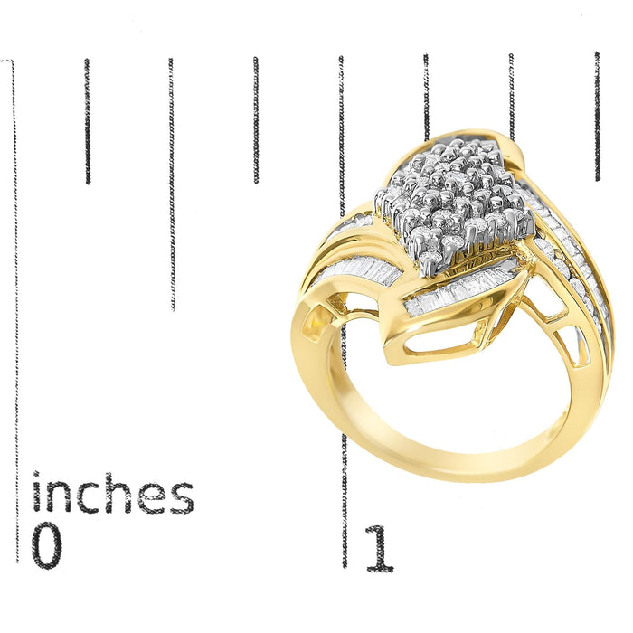 1 1/3 Ct. T.W. Round and Baguette Diamond Bypass Cocktail Ring in 14K Yellow Gold, photo 7