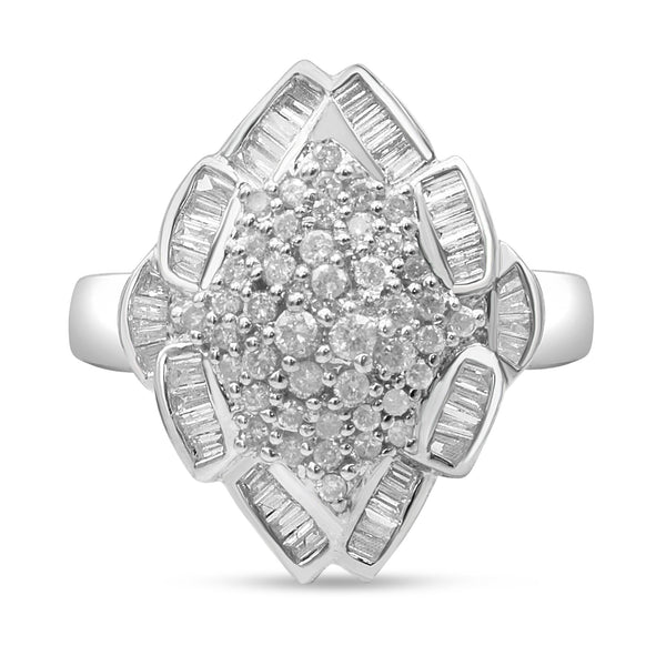 7/8 Ct. T.W. Round and Baguette-Cut Diamond Cluster Ring in 14K White Gold, photo 1