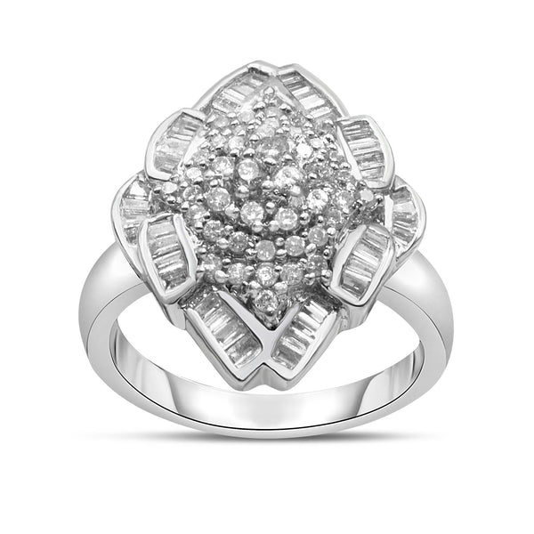 7/8 Ct. T.W. Round and Baguette-Cut Diamond Cluster Ring in 14K White Gold, photo 2