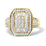 1 Ct. T.W. Diamond Vintage Inspired Baguette-Cut Double Halo Emerald-Cut Frame Cocktail Ring in 10K Yellow Gold