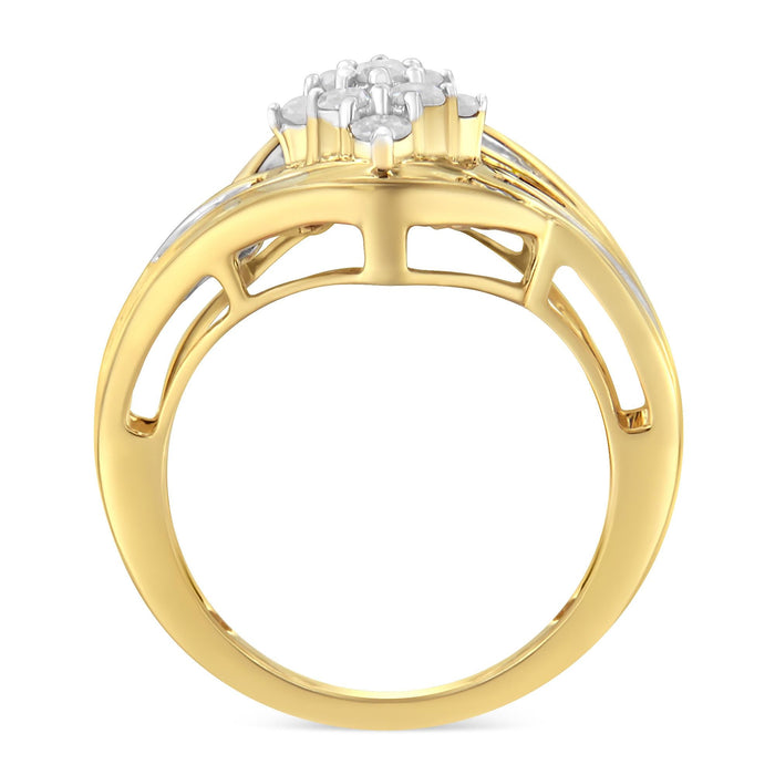 Anillo de racimo cruzado con diamantes de 1 ct. p.t. en oro amarillo de 10K sobre plata de ley, color I-J, claridad I2-I3, foto 2
