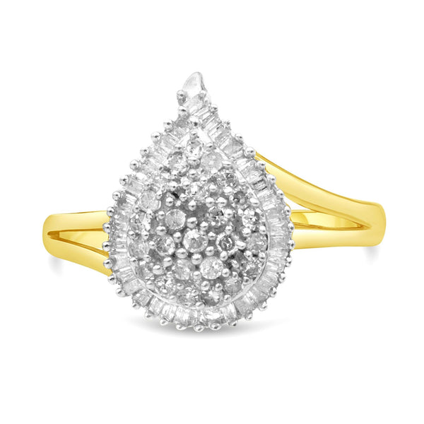 1/2 Ct. T.W. Round and Baguette-Cut Diamond Pear Ring in 10K Yellow Gold, photo 2