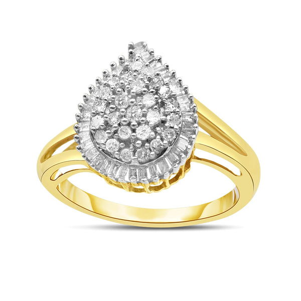 1/2 Ct. T.W. Round and Baguette-Cut Diamond Pear Ring in 10K Yellow Gold, photo 1