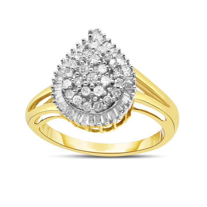 Anillo de pera con diamantes redondos y baguette de 1/2 ct. p.t. en oro amarillo de 10K, foto 1