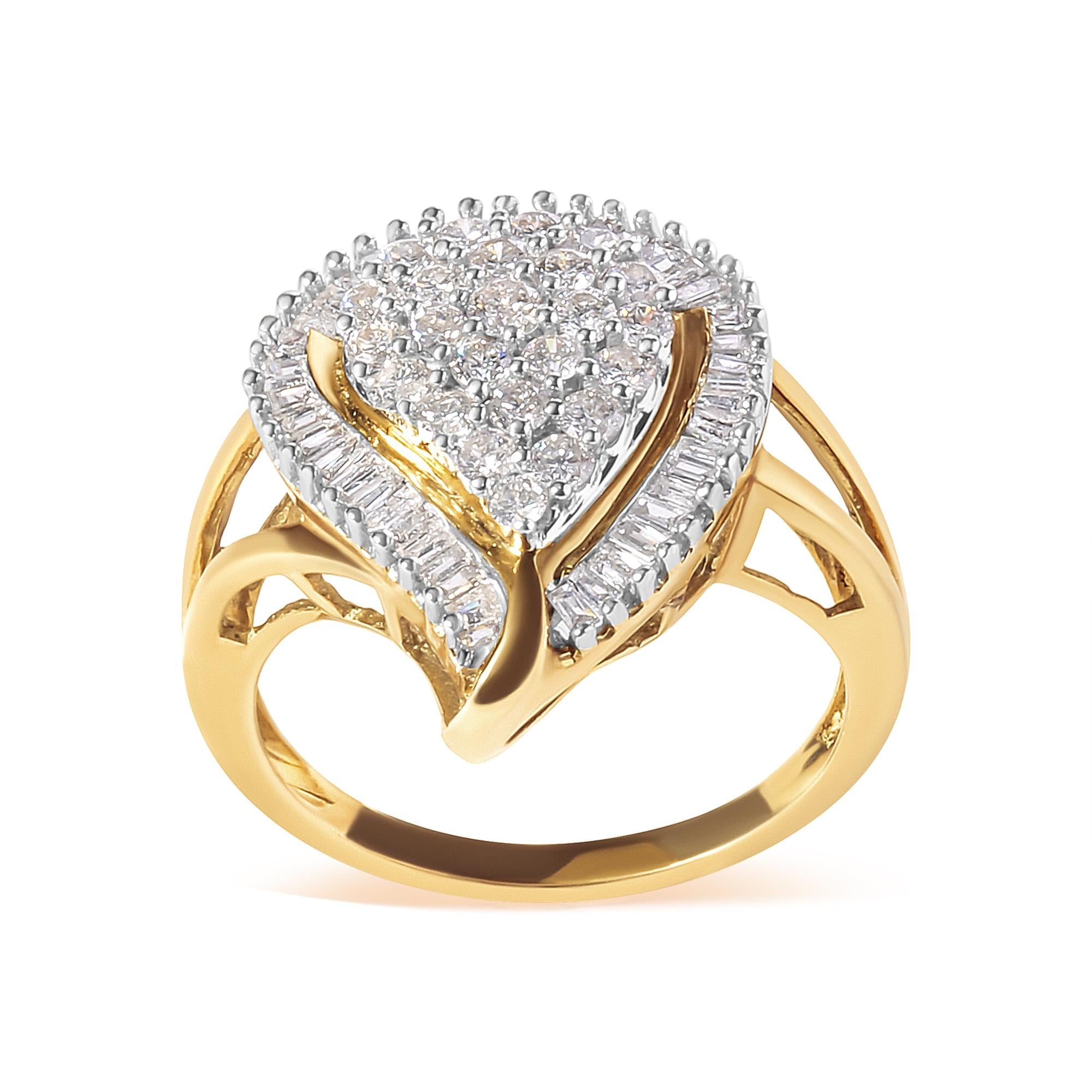 Anillo de racimo bailarina con diamantes redondos y baguette de 1 ct. p.t. en oro amarillo de 10K, foto 1