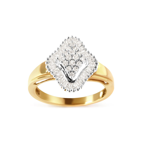 1/2 Ct. T.W. Round and Baguette-Cut Diamond Rhombus Head and Halo Ring in 10K Yellow Gold, photo 1