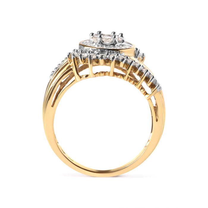 Anillo de banda en remolino de racimo con diamantes redondos y baguette de 1 ct. p.t. en oro amarillo de 10K, foto 2