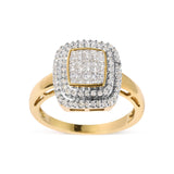 Anillo de cabeza en racimo y halo con diamantes redondos y de talla princesa de 1/2 ct. p.t. en oro amarillo de 10K