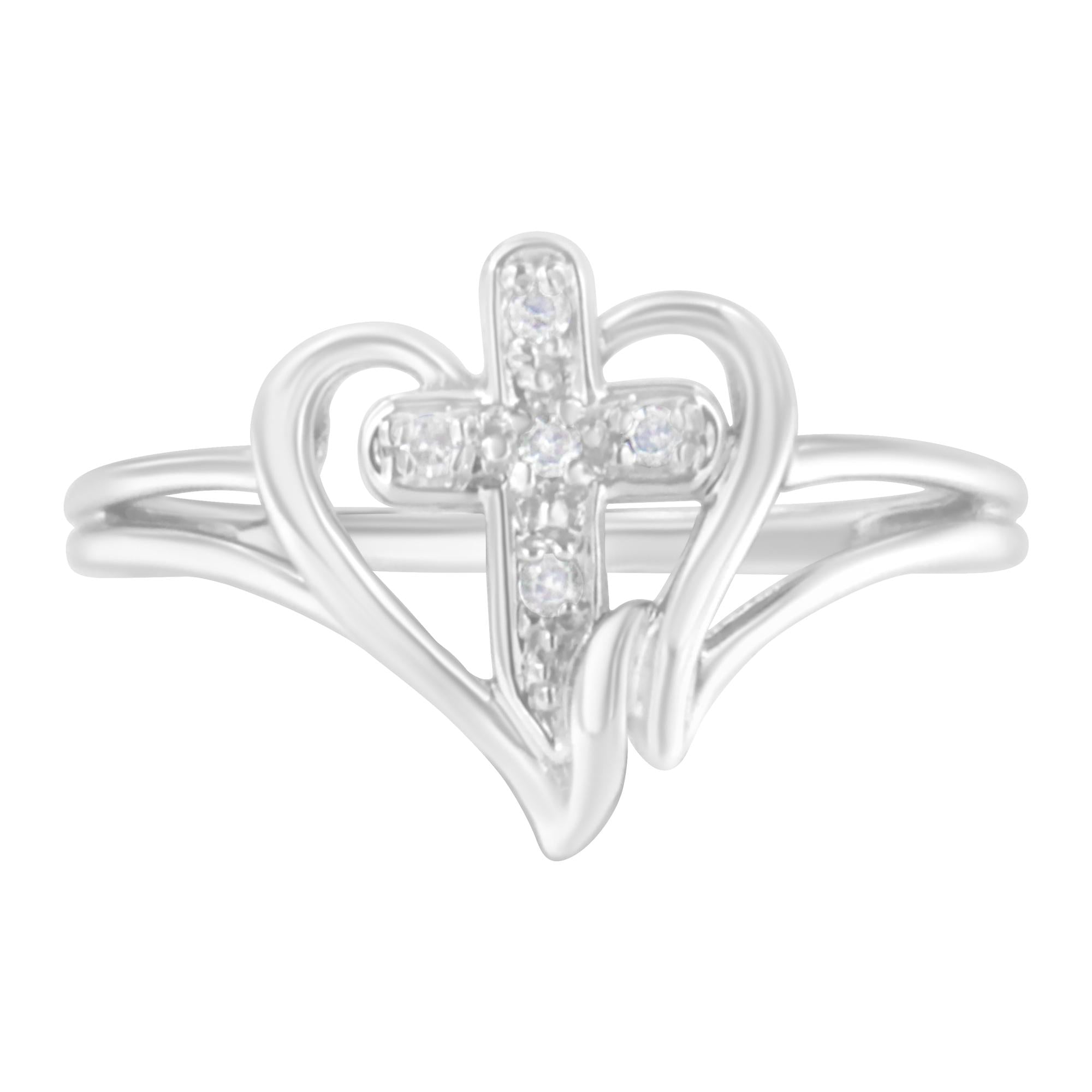 Anillo de promesa de cruz y corazón calado con detalle de diamante en oro blanco de 10K, foto 1