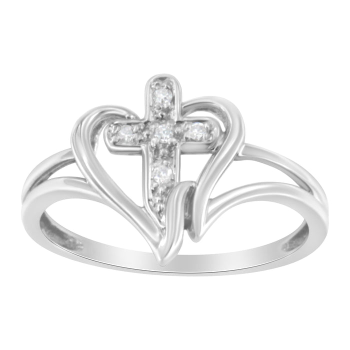 Anillo de promesa de cruz y corazón calado con detalle de diamante en oro blanco de 10K, foto 2