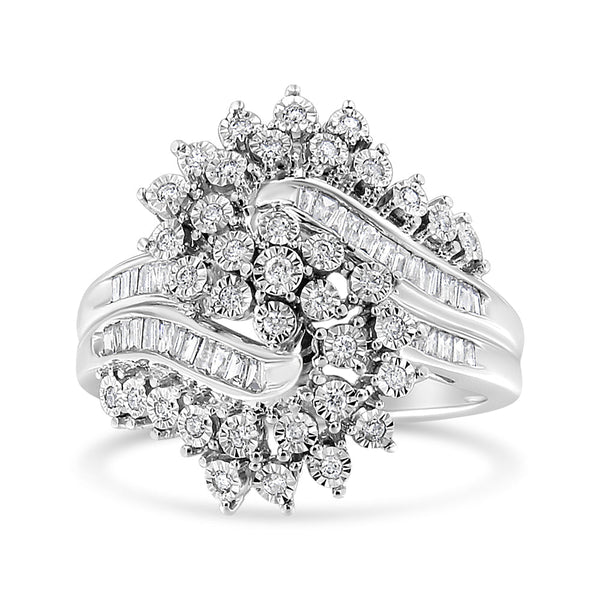 1/2 Ct. T.W. Round and Baguette-Cut Diamond S Shaped Bypass Cocktail Ring in 10K White Gold, photo 1