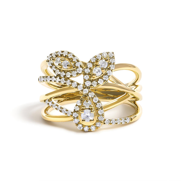 1/2 Ct. T.W. Diamond Crossover 3 Leaf Floral Cocktail Ring Band in 10K Yellow Gold, photo 1