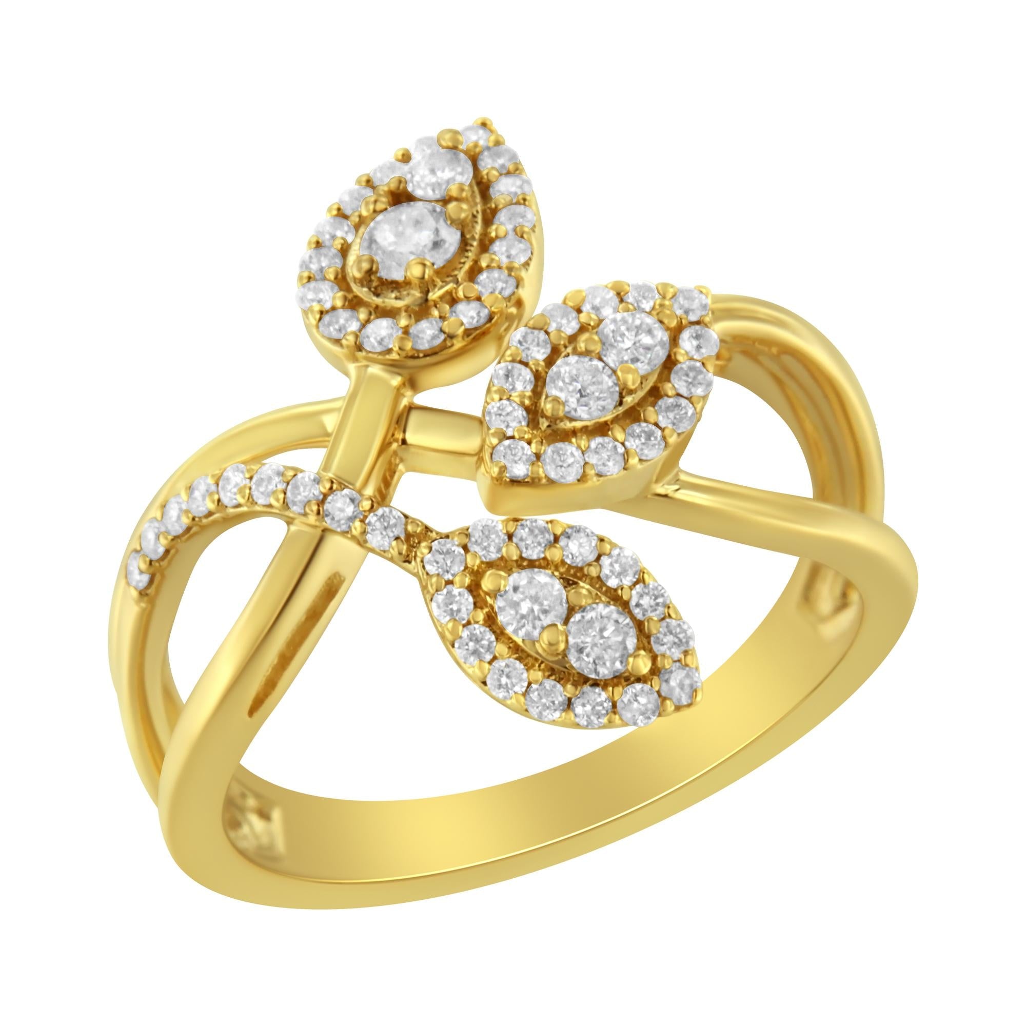 Anillo bypass cruzado en capas de triple hoja con diamantes redondos de 1/2 ct. p.t. en oro amarillo de 10K, foto 1