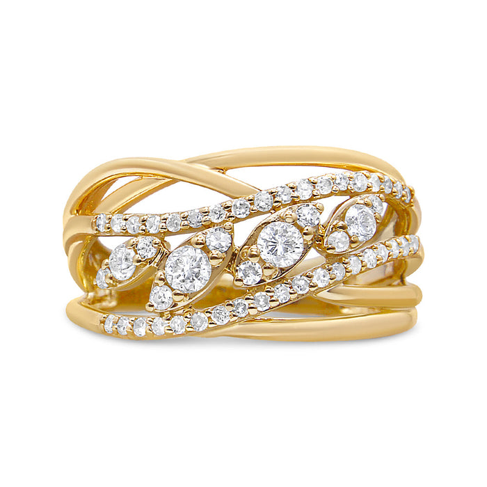 Anillo de cóctel de varias hileras con aro dividido y diamantes redondos de 1/2 ct. p.t. en oro amarillo de 10K, foto 2