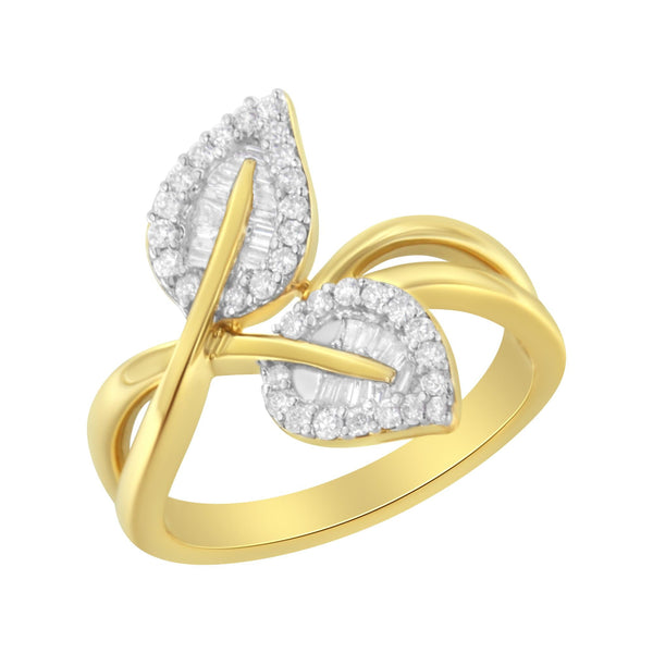 3/8 Ct. T.W. Round and Baguette-Cut Diamond Leaf Cocktail Ring in 10K Yellow Gold, photo 1