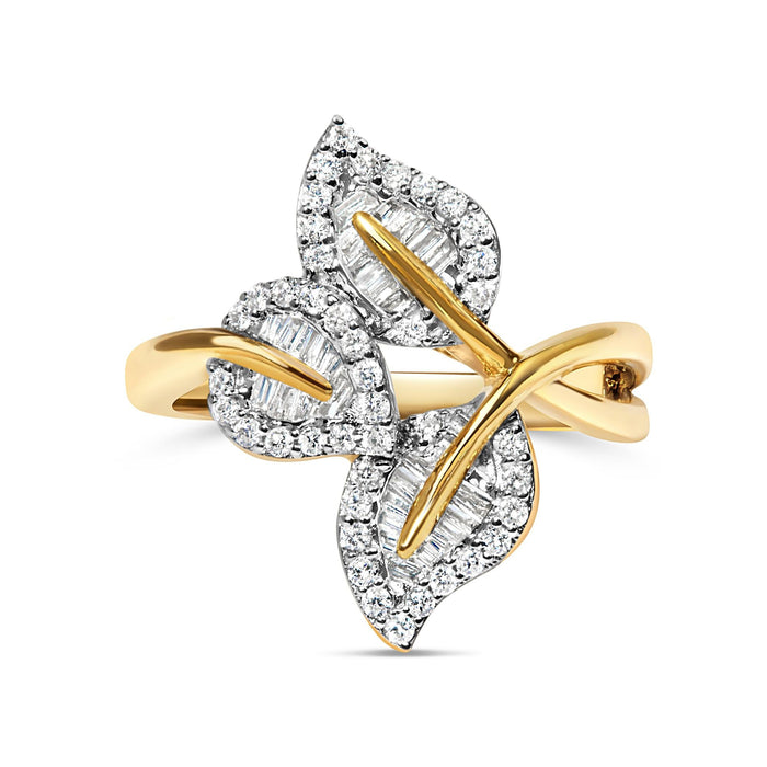 Anillo bypass de triple hoja con diamantes de 1/2 ct. p.t. en plata de ley bañada en oro amarillo de 18K, foto 1
