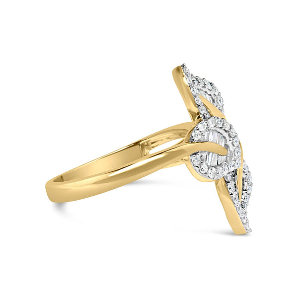 Anillo cruzado de triple hoja con diamantes de 3/8 ct. p.t. en plata de ley bañada en oro amarillo y blanco de 18K, foto 2