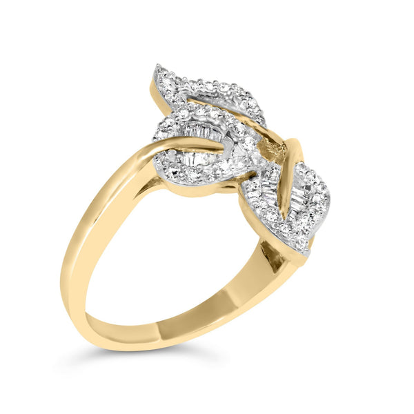 Anillo cruzado de triple hoja con diamantes de 3/8 ct. p.t. en plata de ley bañada en oro amarillo y blanco de 18K, foto 1