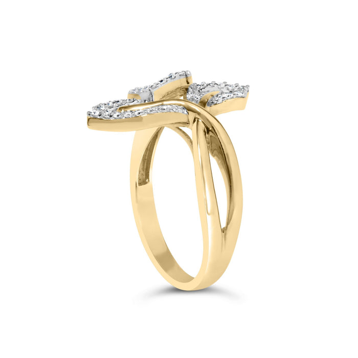 Anillo cruzado de triple hoja con diamantes baguette y redondos de 1/2 ct. p.t. en oro amarillo y blanco de 10K, foto 5