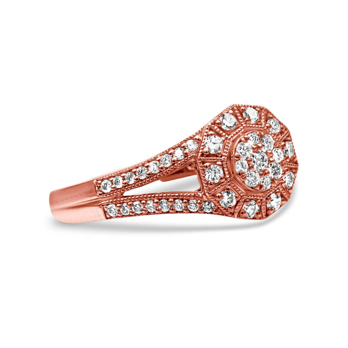 Anillo de cóctel de racimo con halo, aro dividido y diamantes de 1/2 ct. p.t. en plata de ley bañada en oro rosa de 14K, foto 2
