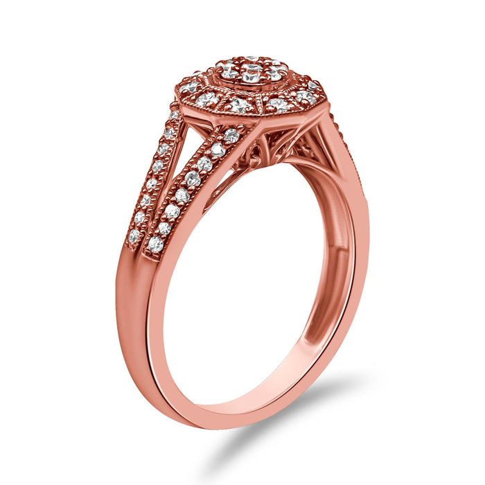 Anillo de cóctel de racimo con halo, aro dividido y diamantes de 1/2 ct. p.t. en plata de ley bañada en oro rosa de 14K, foto 4