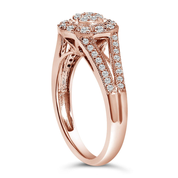 Anillo de cóctel de racimo con halo, aro dividido y diamantes de 1/2 ct. p.t. en plata de ley bañada en oro rosa de 14K, foto 5