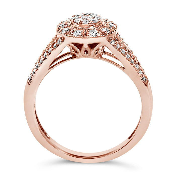 Anillo de cóctel de racimo con halo, aro dividido y diamantes de 1/2 ct. p.t. en plata de ley bañada en oro rosa de 14K, foto 6