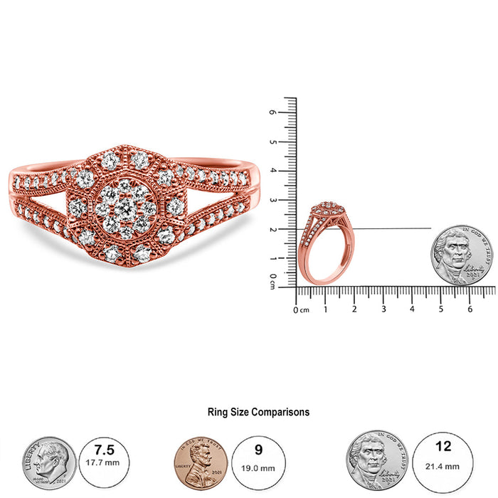 Anillo de cóctel de racimo con halo, aro dividido y diamantes de 1/2 ct. p.t. en plata de ley bañada en oro rosa de 14K, foto 7