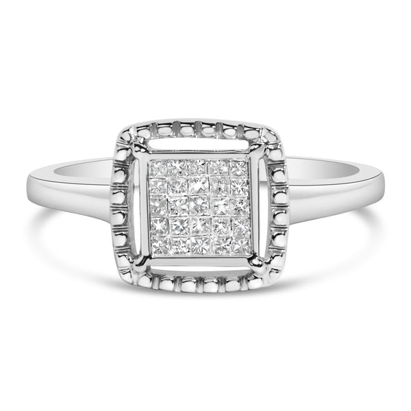 Anillo de promesa de engaste invisible con diamantes talla princesa de 1/5 ct. p.t. y halo de cuentas en plata de ley, foto 1