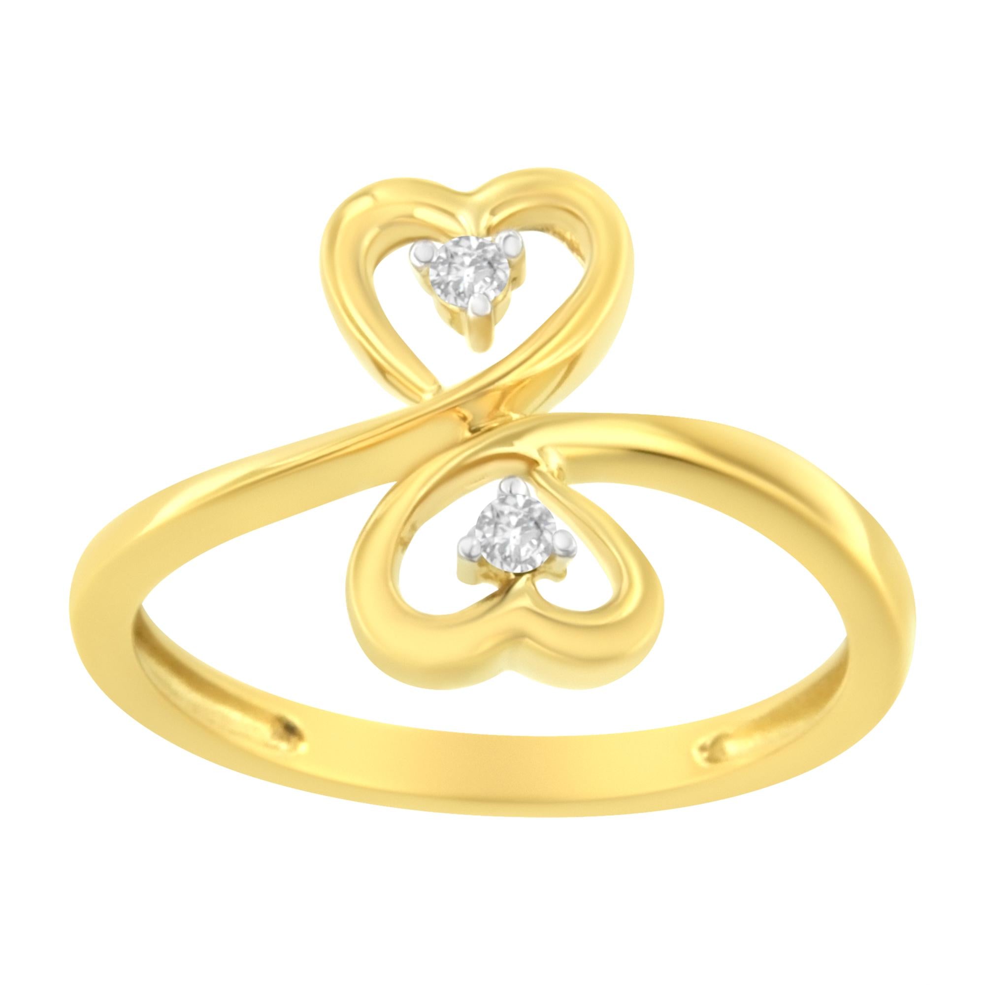 Anillo de doble corazón con diamantes de 1/20 ct. p.t. en oro amarillo de 14K, foto 1