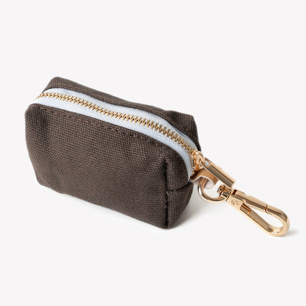 Brown poop bag holder, zip pouch close-up