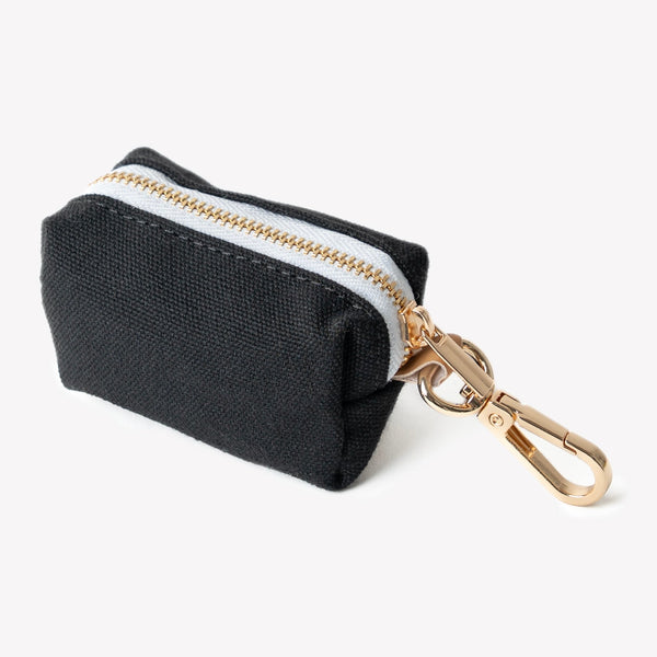 Black poop bag holder, zip pouch close-up