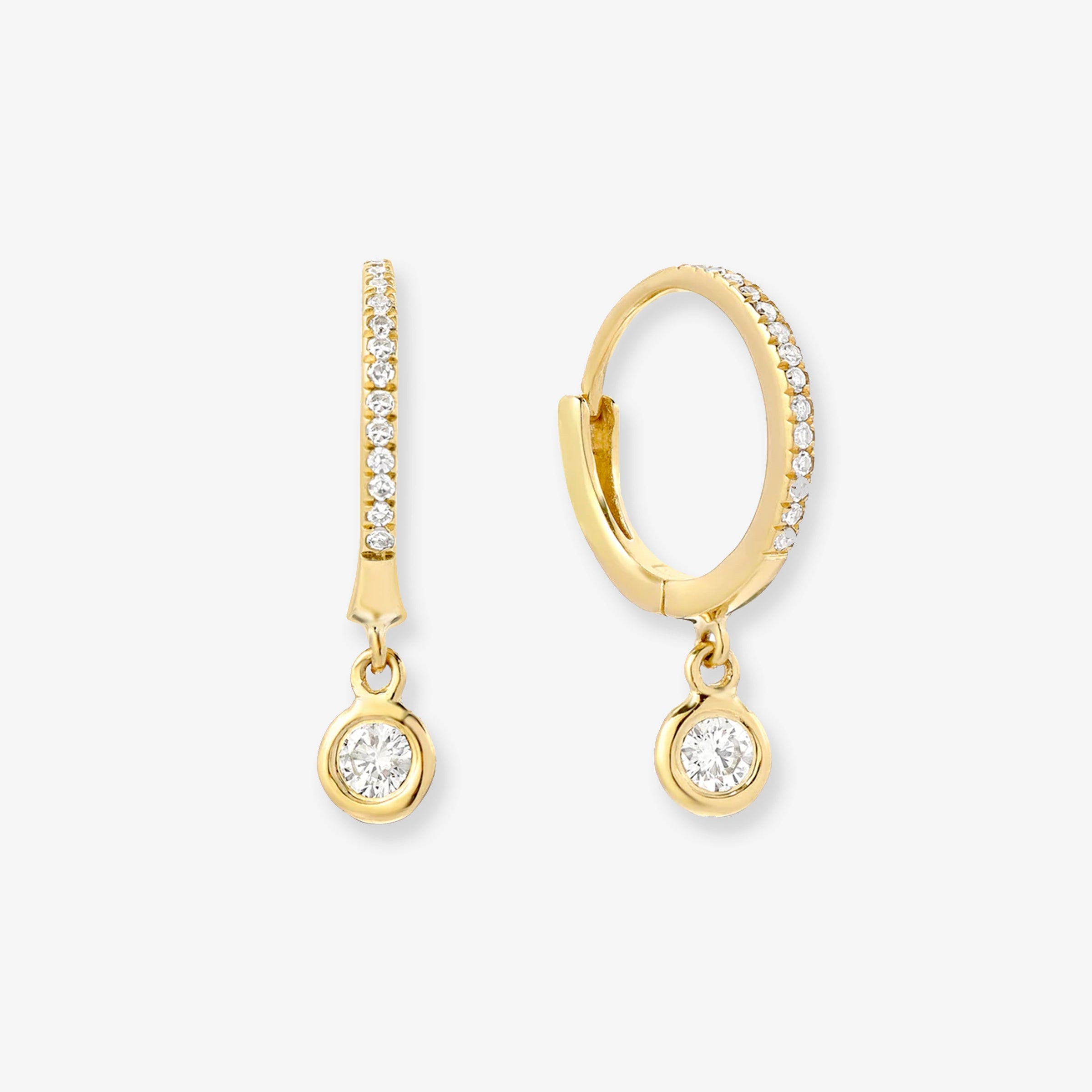 14K Gold Pave Diamond Bezel Drop Huggie Earrings, photo 1