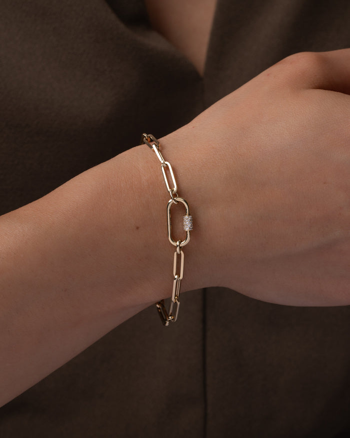 14K Gold Large Paper Clip Diamond Carabiner Bracelet, photo 2