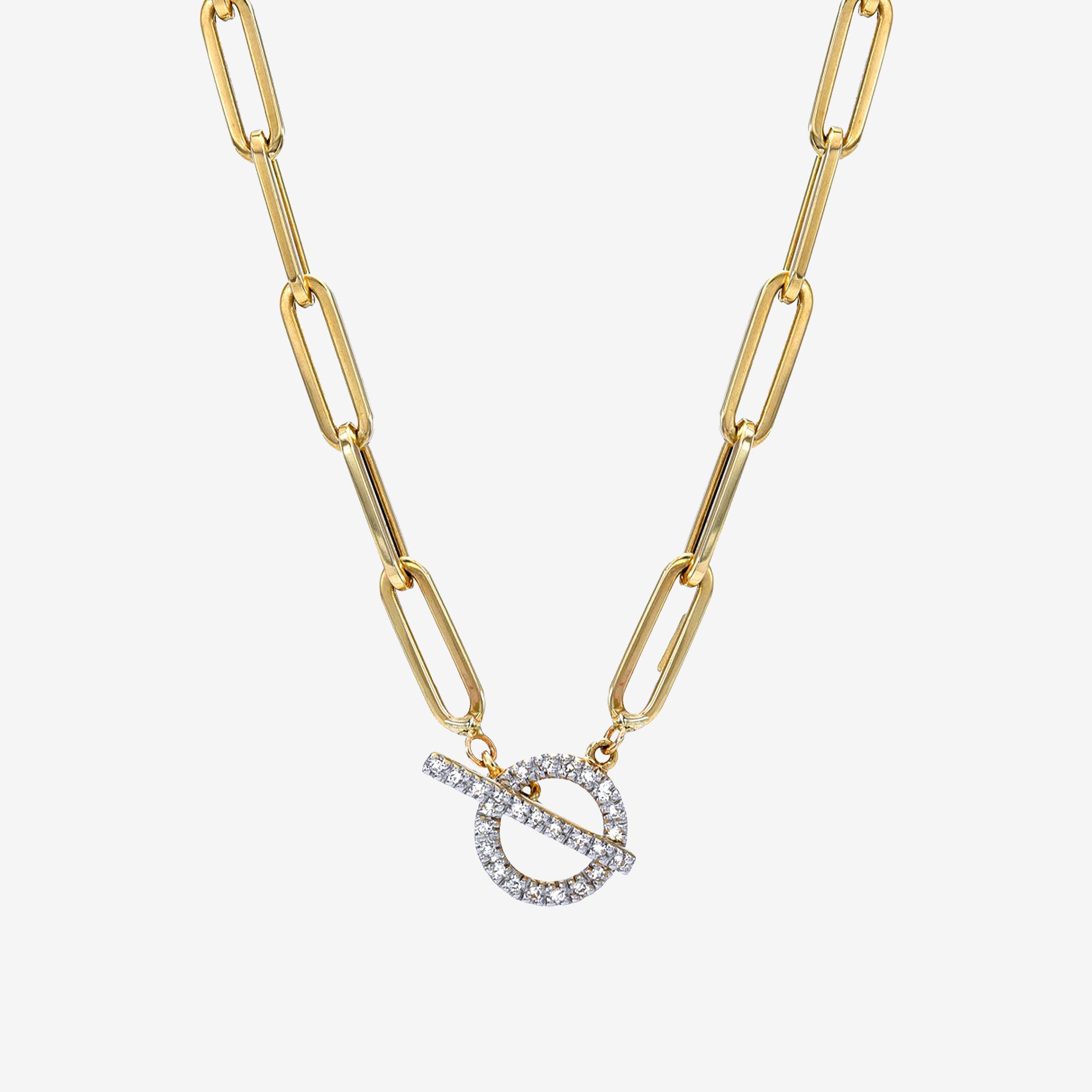 14K Gold Large Paper Clip Diamond Toggle Necklace, photo 1